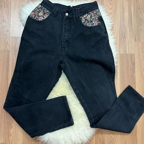 Vintage 90’s Manisha Black Floral Tapestry High Waist Mom Jeans 28 - Picture 2 of 7